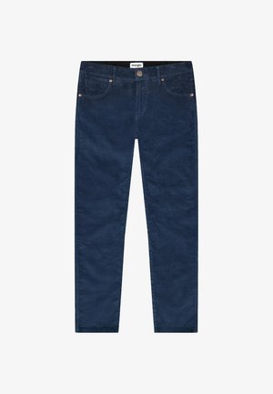 Mørkeblå corduroy bukser med lige ben design, der har fem lommer og orange syninger, lavet af blødt tekstureret materiale.