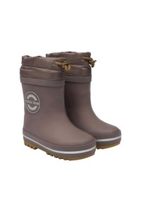 Hnědé waterproof boty s vysokým šněrováním, stahovacím vrškem, gumovou podrážkou a šedým logem na boku. Obsahují kontrastní bílé pruhy.