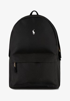 Black backpack made of durable fabric, featuring a front pocket, a top handle, and a small white logo. Smooth texture with minimal design.