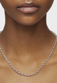 Collar de cadena de plata compuesto por eslabones circulares entrelazados, con una superficie suave y pulida y una textura uniforme.