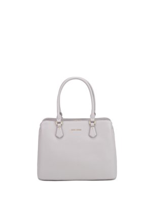 Sac à main structuré gris clair avec double poignée et texte du logo doré centré sur le devant, sur un fond blanc uni.