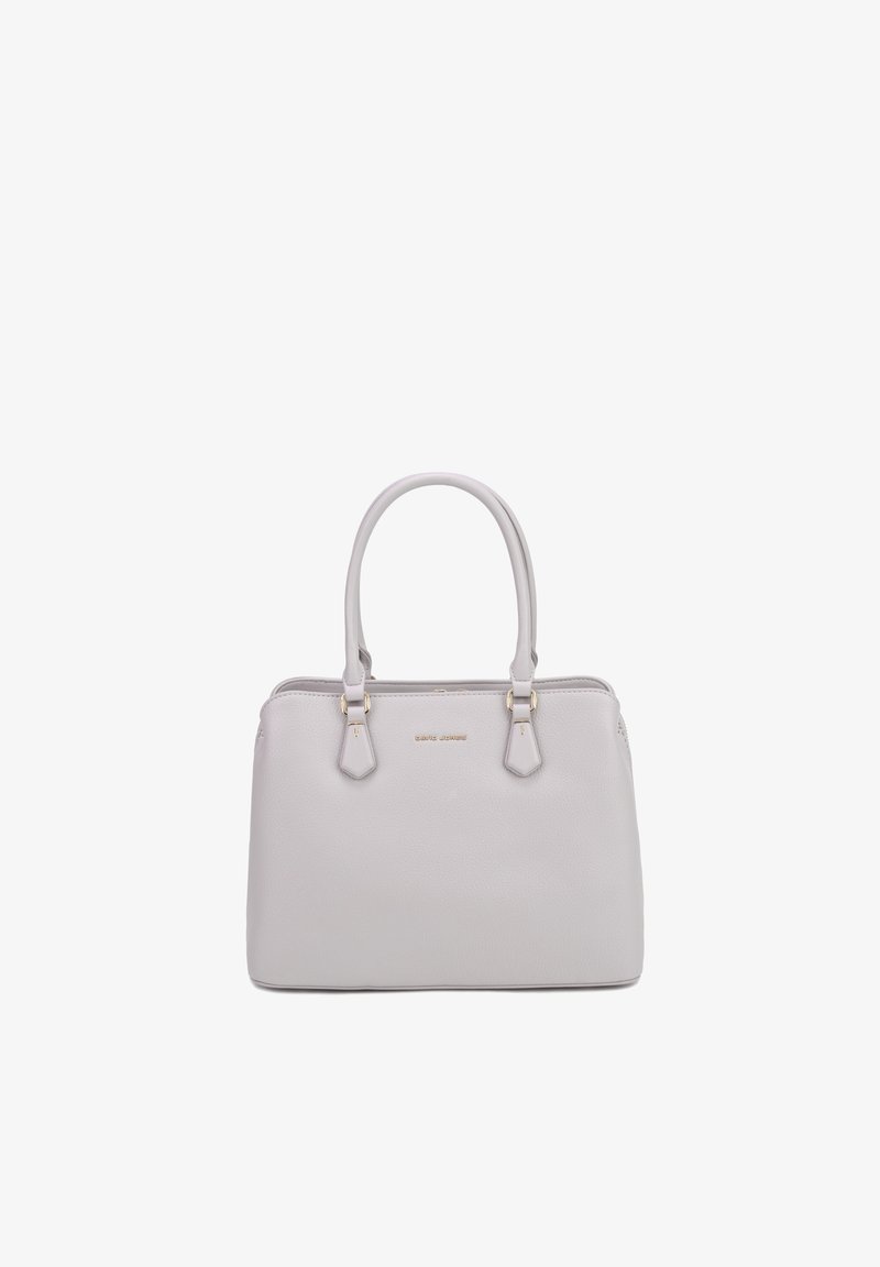 Sac à main structuré gris clair avec double poignée et texte du logo doré centré sur le devant, sur un fond blanc uni.