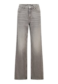 Jean large gris en denim, avec un effet légèrement délavé, des détails cousus, cinq poches et une taille standard avec une fermeture à bouton.