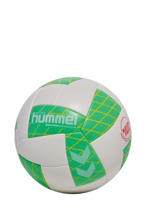 Hummel Evolution Advanced AR volleyboll, har en vit och grön design med ett rutmönster och chevronaccenter, utan resin-konstruktion.