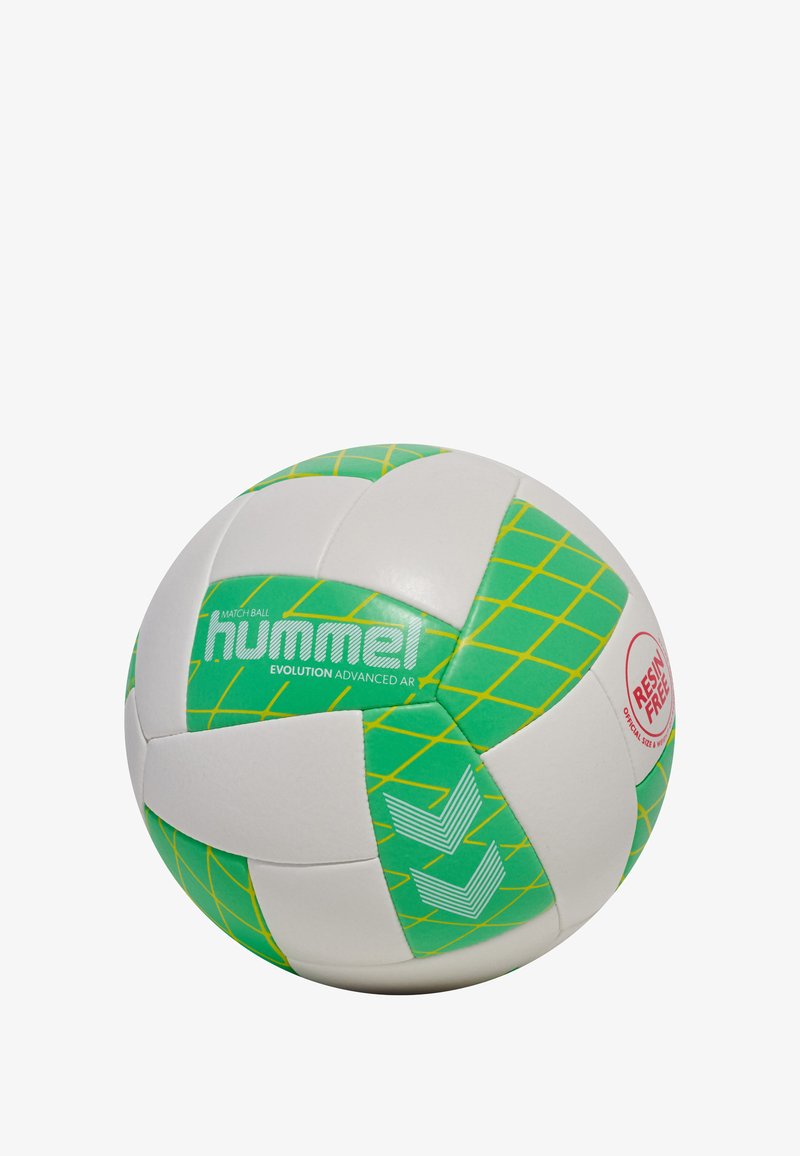 Balón de voleibol Hummel Evolution Advanced AR, presenta un diseño blanco y verde con un patrón de cuadrícula y acentos en forma de chevrón, construcción sin resina.
