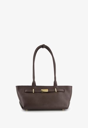 Brown leather handbag with a textured finish, two long handles, metal clasp hardware, and flat rectangular shape.