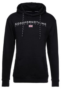 Schwarzer Hoodie mit Fronttasche, Kordelzugkapuze und weißem Text "GOOD FOR NOTHING UNITED KINGDOM." Mit kleinem Union-Jack-Flaggenmotiv.