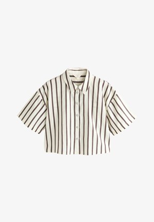 Lyhythihainen, napillinen paita, jossa leveät ruskeat pystysuorat raidat valkoisella pohjalla ja klassinen kaulus.