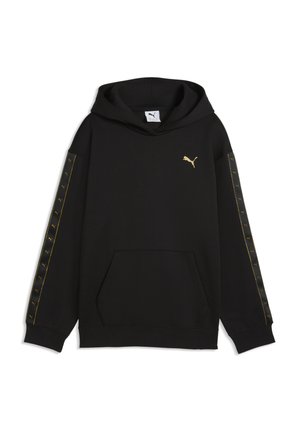 Czarna bluza z kapturem Puma z przednią kieszenią, złotym logo Puma na piersi i złotymi paskami z logo wzdłuż obu rękawów.