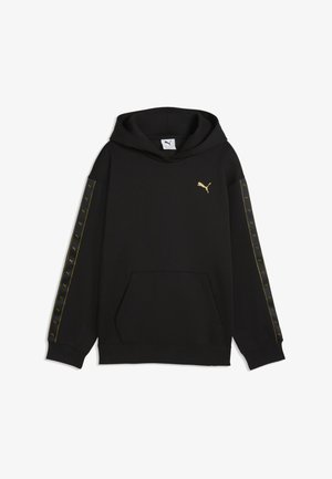 Czarna bluza z kapturem Puma z przednią kieszenią, złotym logo Puma na piersi i złotymi paskami z logo wzdłuż obu rękawów.