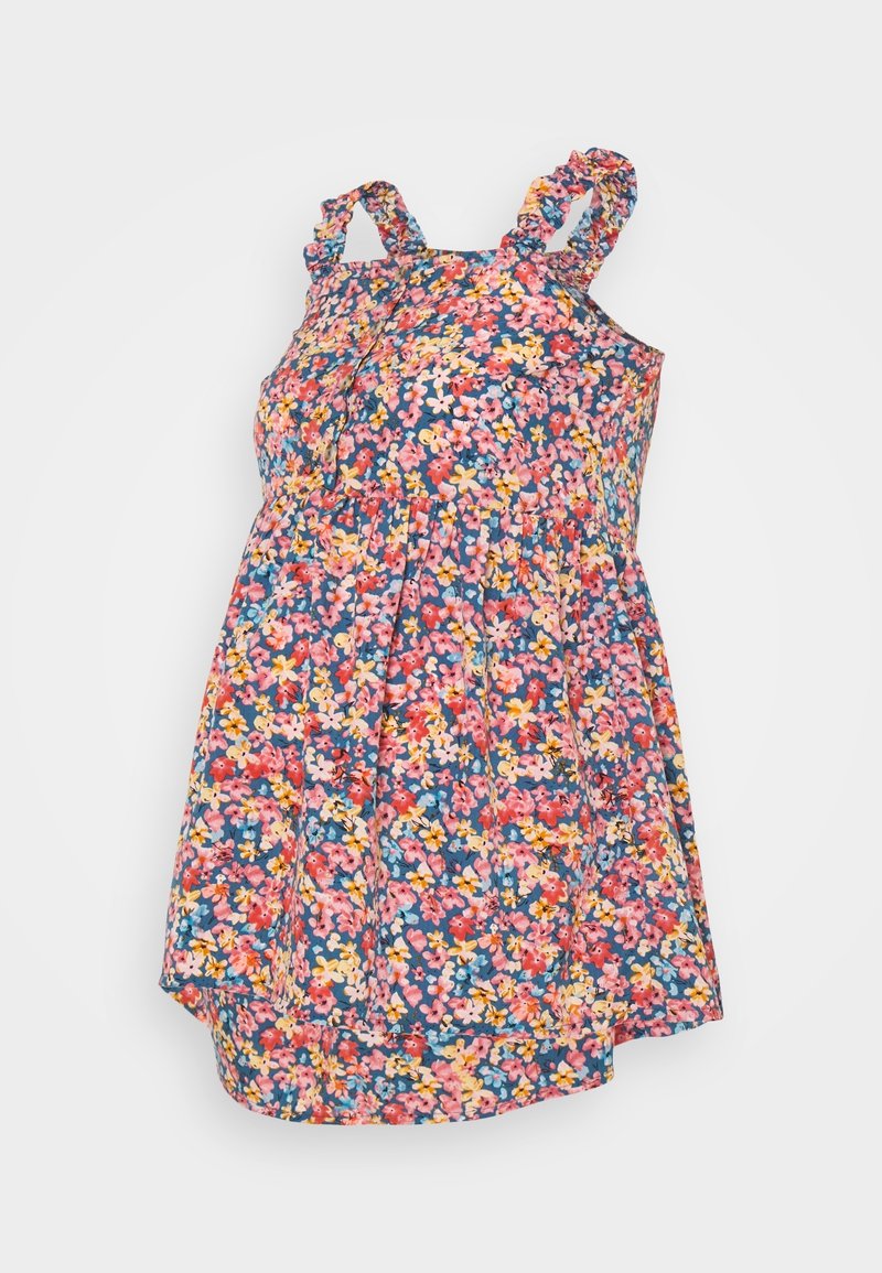 Robe sans manches pour tout-petit avec bretelles volantées et motif floral multicolore sur fond bleu.
