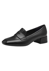Svarta läderloafers med fyrkantig tå, liten klack och dekorativ framknut. Slät textur och rena linjer definierar designen.