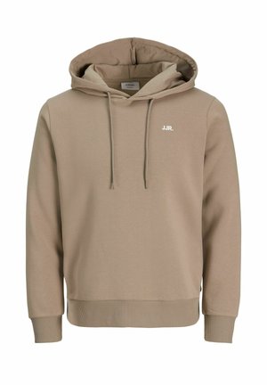 Beige pullover hoodie with front drawstrings and small white "JJR." logo on the left chest, ribbed cuffs and hem.