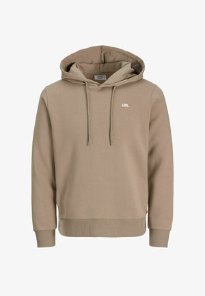 Beżowa bluza z kapturem z przodu ze sznurkami i małym białym logo "JJR." po lewej stronie klatki piersiowej, z prążkowanymi mankietami i ściągaczem.