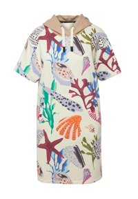 Lyhythihainen hupparimekko beige- ja kermavärissä, jossa on värikkäitä merieläinprinttejä, kuten kuoria ja koralleja, rentoa istuvuutta.