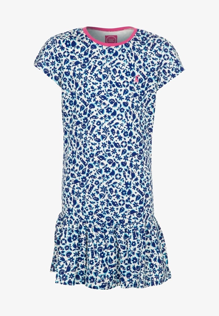 Robe blanche à manches courtes avec motifs nautiques et floraux bleus, col rose et ourlet à volants.