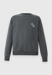 Grå sweatshirt lavet af en bomuldsblanding. Har rund hals, ribbede manchetter og et lille grafisk design på venstre bryst.
