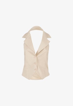 Beige mouwloze vest met een puntige kraag, met een getailleerde pasvorm en vier grote knopen aan de voorkant; gemaakt van een gestructureerde stof.