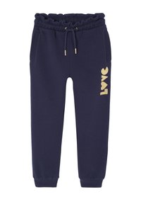 Marineblaue Jogginghose mit elastischem Bund, Kordelzug, goldenem "Love"-Druck, Seitentaschen und gerippten Bündchen. Weiches Baumwollmischgewebe.