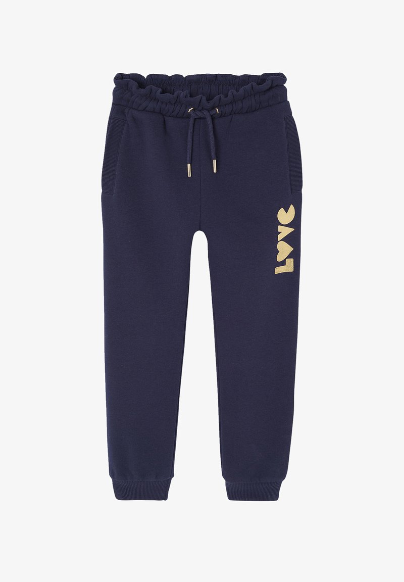 Marineblaue Jogginghose mit elastischem Bund, Kordelzug, goldenem "Love"-Druck, Seitentaschen und gerippten Bündchen. Weiches Baumwollmischgewebe.