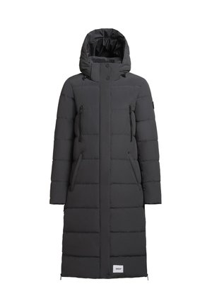 Schwarzer gepolsterter langer Mantel mit Kapuze, ausgestattet mit Reißverschlusstaschen, einer glatten Textur und einer geraden Silhouette. Verstellbare Kordeln an der Kapuze.