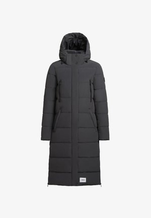 Sort polstret lang frakke med hætte, der har lynlåslommer, en glat overflade og en lige silhuet. Justerbare snore i hætten.