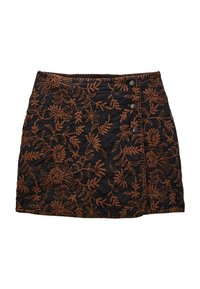 Jupe noire brodée avec des motifs floraux bruns complexes, deux boutons sur le côté et une finition en tissu texturé.