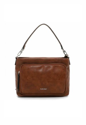 Sac à main en cuir marron avec une poche zippée à l'avant, une bandoulière réglable et un logo discret sur le bas à l'avant. Texture lisse.