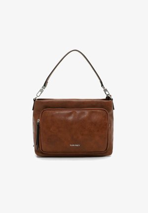 Sac à main en cuir marron avec une poche zippée à l'avant, une bandoulière réglable et un logo discret sur le bas à l'avant. Texture lisse.