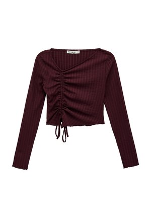 Bordeauxrotes, langärmliges, geripptes Crop-Top mit gerafftem Detail und Kordelzügen in der Mitte vorne, mit leichtem V-Ausschnitt.