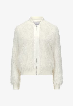 Bomberjacke aus Kunstpelz in Weiß mit elegantem Satinvorderteil, gerippten Bündchen und Reißverschluss. Strukturierter, voluminöser Schnitt.