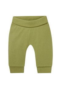 Olijfgroene, zachte katoenen shorts met een brede tailleband en ribbelmanchetten, met een ontspannen pasvorm en geen zichtbare naden.