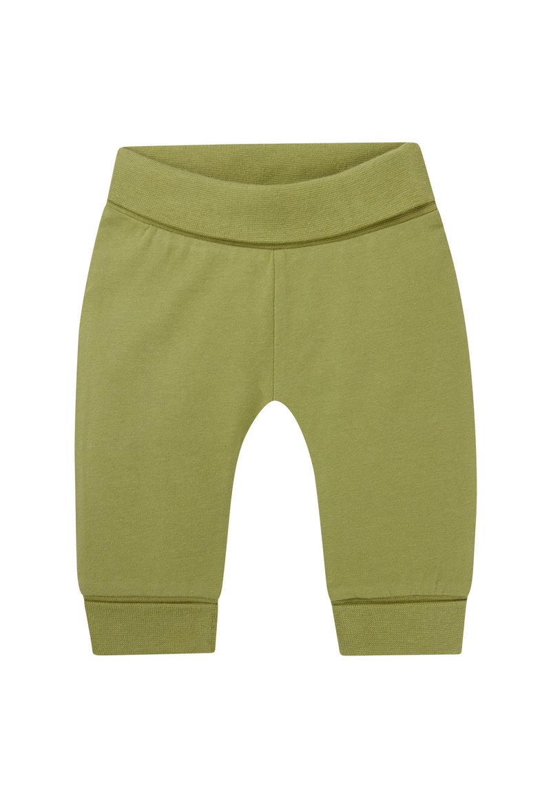 Olijfgroene, zachte katoenen shorts met een brede tailleband en ribbelmanchetten, met een ontspannen pasvorm en geen zichtbare naden.