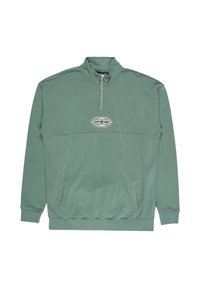 Zelená mikina na zips s rebrovanými manžetami a lemom, s logom na hrudi a dvoma bočnými vreckami. Mäkká, textúrovaná tkanina.