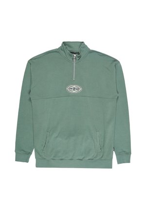 Grüne Sweatjacke mit Reißverschluss, gerippten Bündchen und Saum, ausgestattet mit einem Logo-Patch auf der Brust und zwei seitlichen Taschen. Weicher, texturierter Stoff.