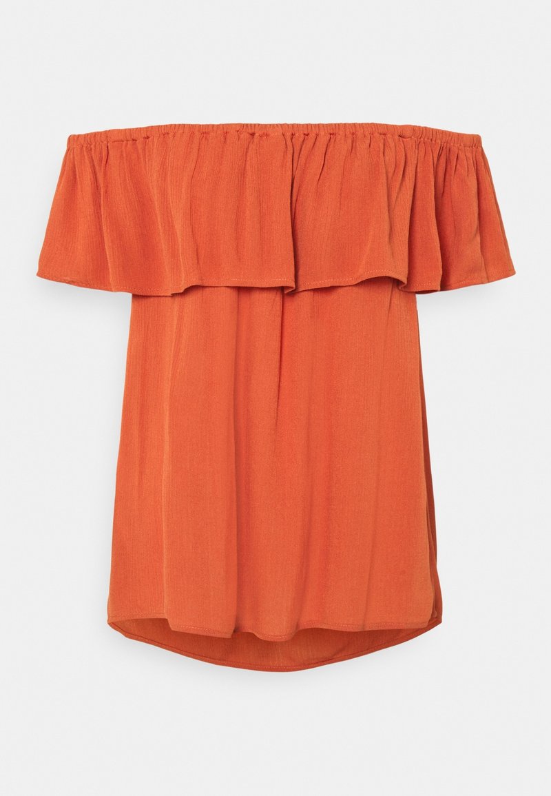 Oranžový top bez ramínek s volánkovým výstřihem, vyrobený z lehké látky. Má uvolněný střih a zakřivený lem.