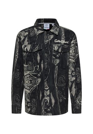 Black and beige patterned shirt with long sleeves, two chest pockets, and a button front. Features a woven texture and logo detailing.