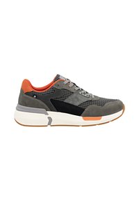 Gray suede and mesh running shoe with an orange heel accent, gray laces, black side panel, and a white midsole with a textured rubber outsole.