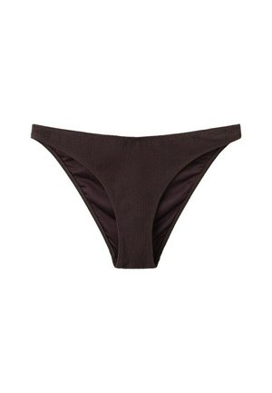Slip bikini in tessuto marrone scuro con trama, con taglio a vita bassa e copertura moderata, mostrato su sfondo bianco.