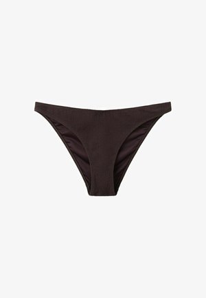 Slip de bikini din material maro închis cu textură, croială cu talie joasă și acoperire moderată, expus pe un fundal alb.