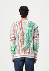Pull en tricot avec un motif multicolore comprenant du vert, du rouge et du blanc. Manches longues, poignets et ourlet côtelés, tissu texturé.