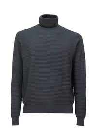 Dunkelgrauer Rollkragenpullover mit strukturiertem Waffelstrickdesign. Verfügt über lange Ärmel und ein kleines gesticktes Logo auf der Brust.