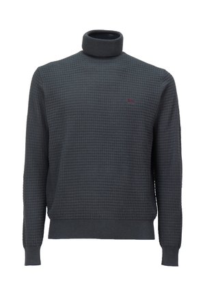 Mørkegrå turtleneck trøje med tekstureret, vaffelmønstret design. Har lange ærmer og et lille broderet logo på brystet.