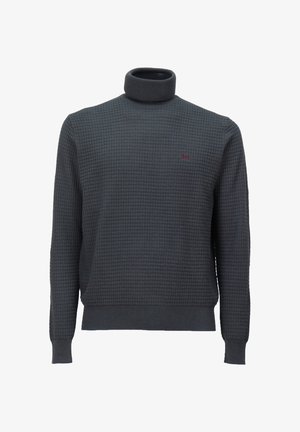 Dunkelgrauer Rollkragenpullover mit strukturiertem Waffelstrickdesign. Verfügt über lange Ärmel und ein kleines gesticktes Logo auf der Brust.