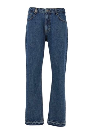 Blå denimjeans med lige ben, klassisk fem-lomme design og metalbeslag. Syet kant med en let falmet finish.