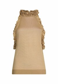 Top senza maniche beige con scollatura arricciata, texture a costine e orlo aderente. Presenta una finitura liscia e un design semplice.