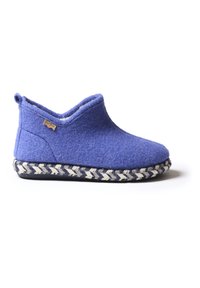 Blue felt slipper with a soft upper, textured edges, and a braided, dark navy and white rope sole. Includes a small logo tag on the side.