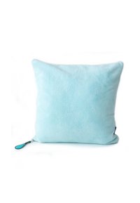 Square blue pillow made of soft, plush fabric with a smooth texture. Features a zipper with a blue pull tab on one side.
