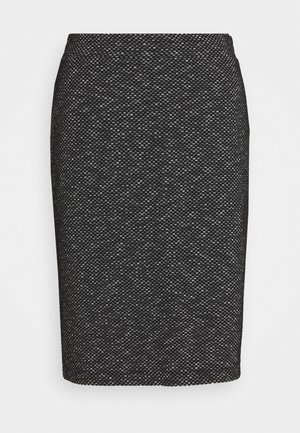 Fustă neagră până la genunchi, cu un model texturat, croi mulat, talie înaltă, fără hardware sau embellishments vizibile.