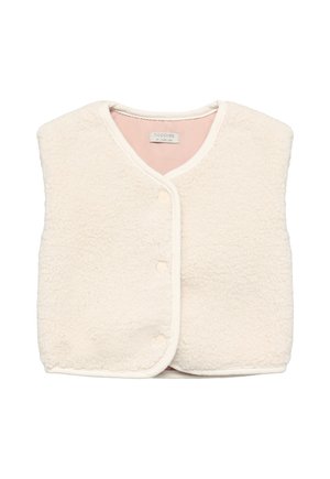 Zacht crèmekleurig babyvestje met knoopsluitingen en een roze binnenvoering, ontworpen voor baby's van 4-6 maanden.